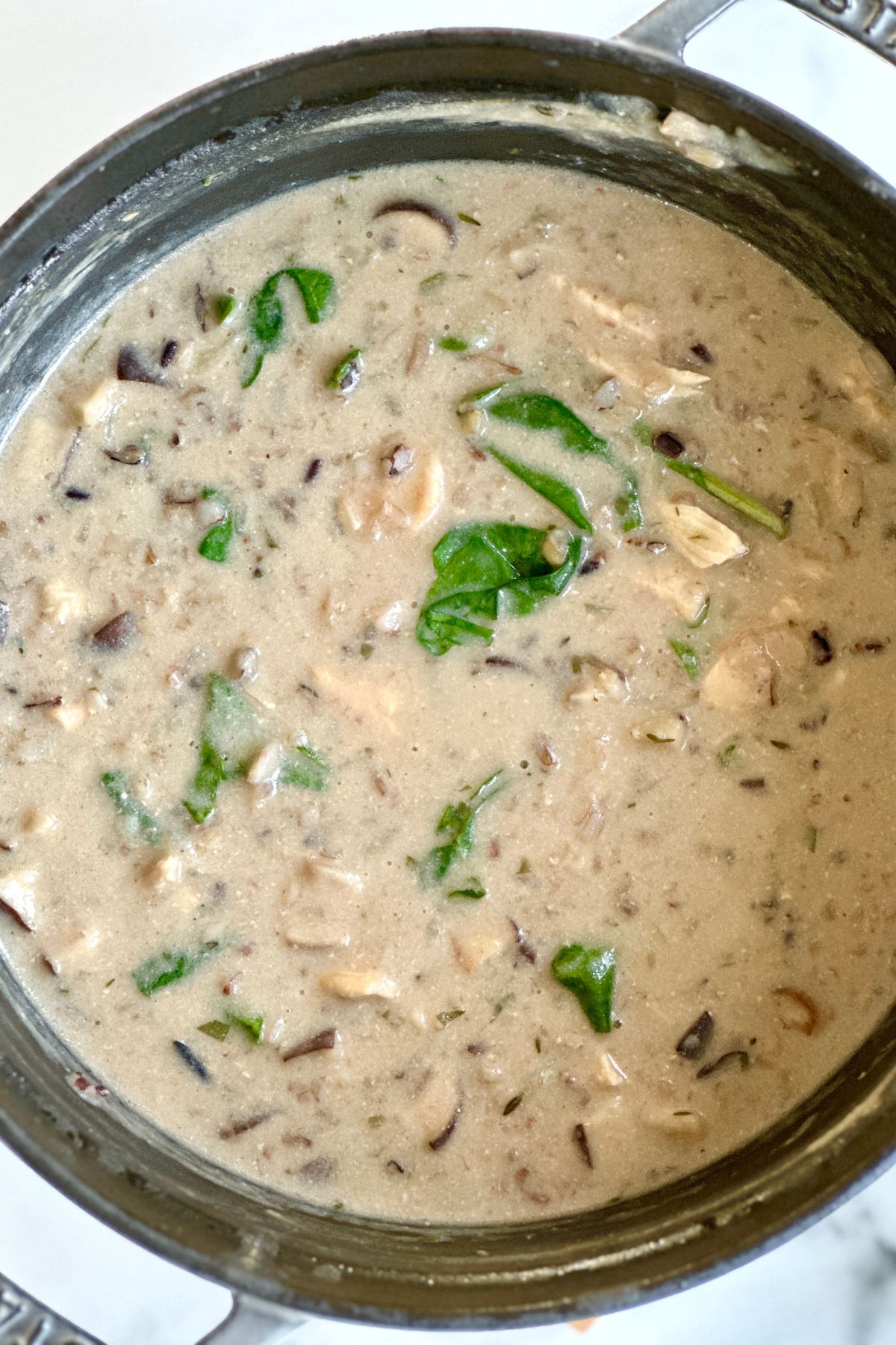 creamy chicken and wild rice soup in a large soup pot